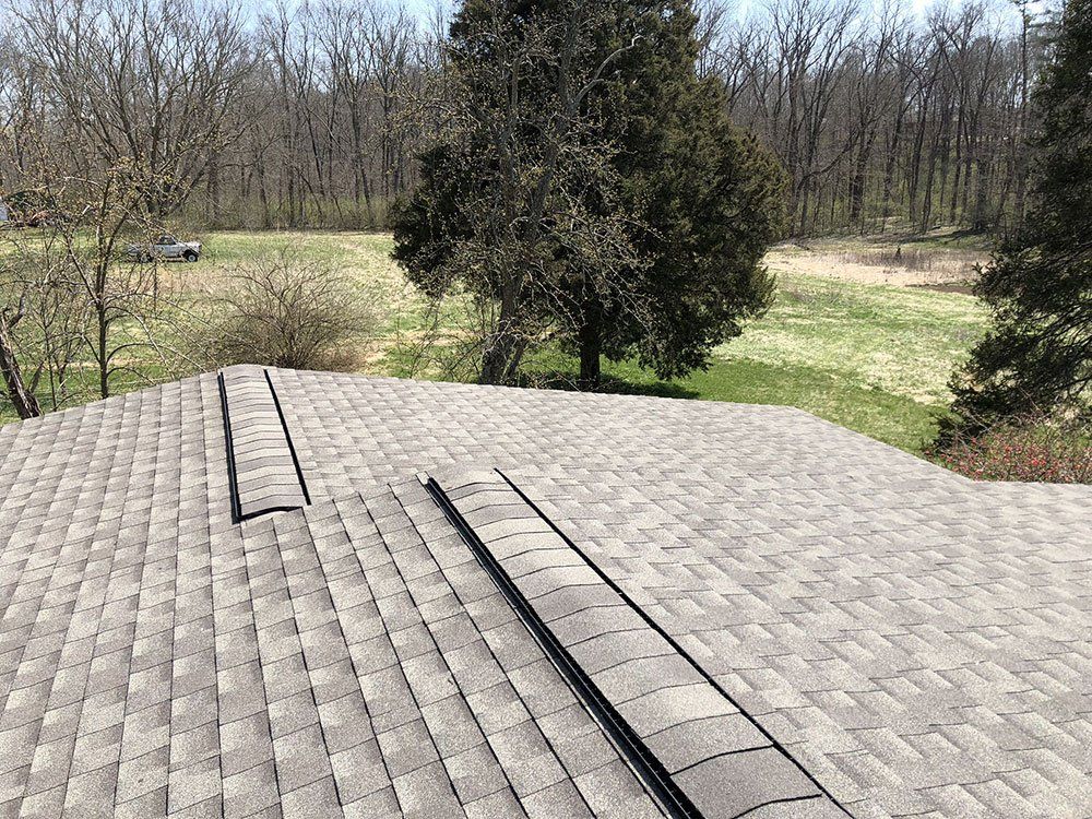 A roof with a solar panel on it and trees in the background.