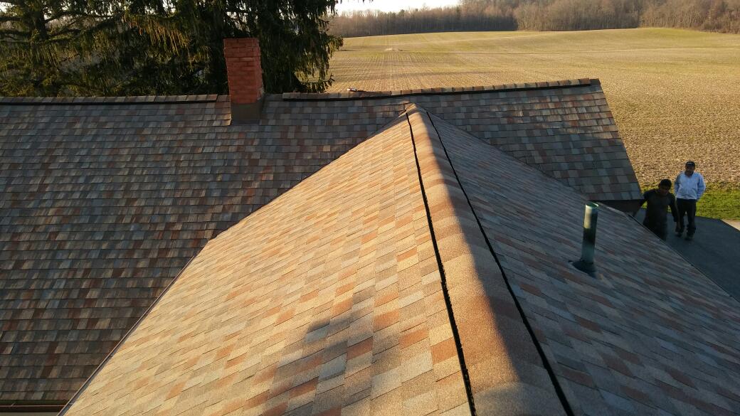 A couple of people are standing on the roof of a house.