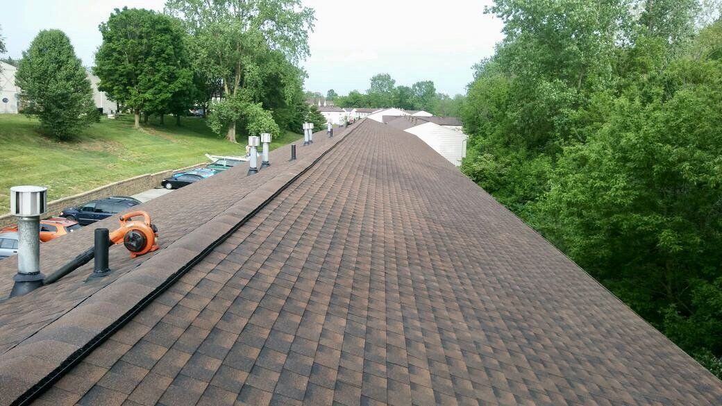 A roof with a lot of shingles on it and trees in the background.