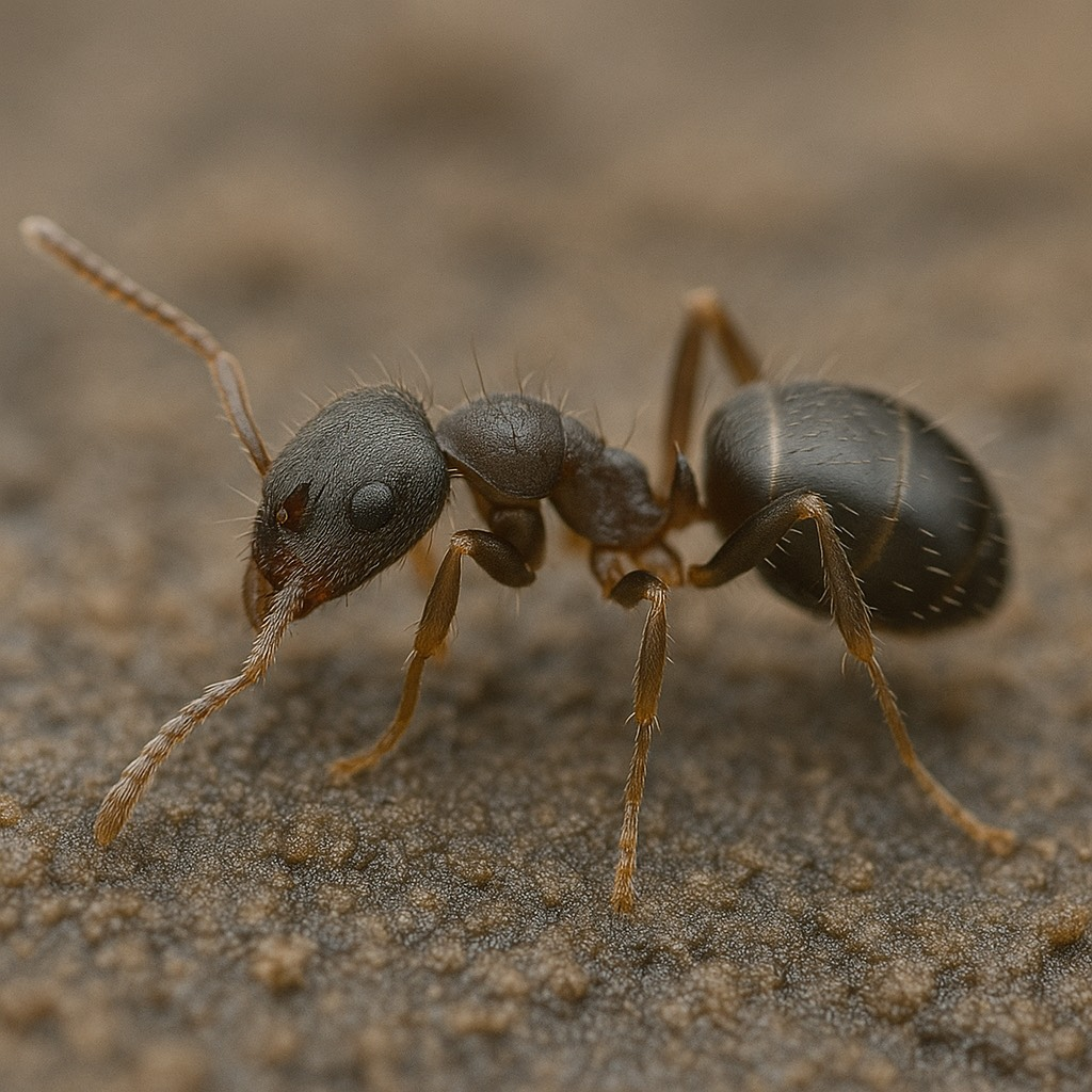 A black ant is crawling on the ground Dallas, TX.
