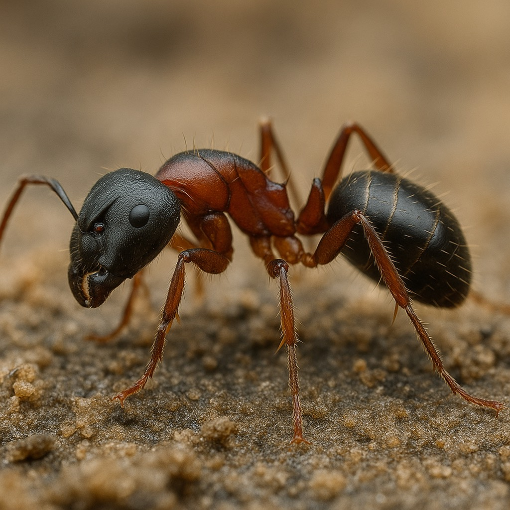 A close-up image of a carpenter ant with a reddish-brown thorax and black head and abdomen, walking on a textured dirt surface.