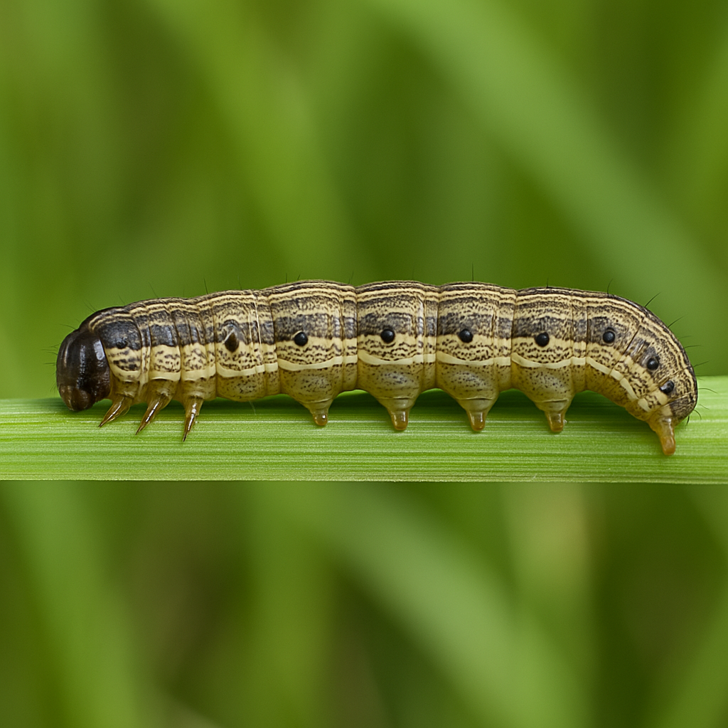 Close-up image of an armyworm on green grass blades, a common lawn pest that causes brown patches and turf damage.