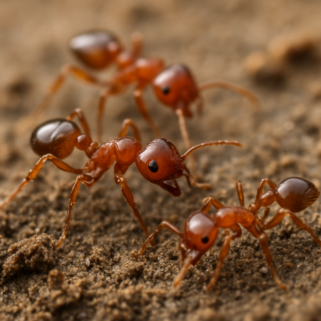 Close-up image of red fire ants on soil, showing their segmented bodies and detailed features as common lawn pests.