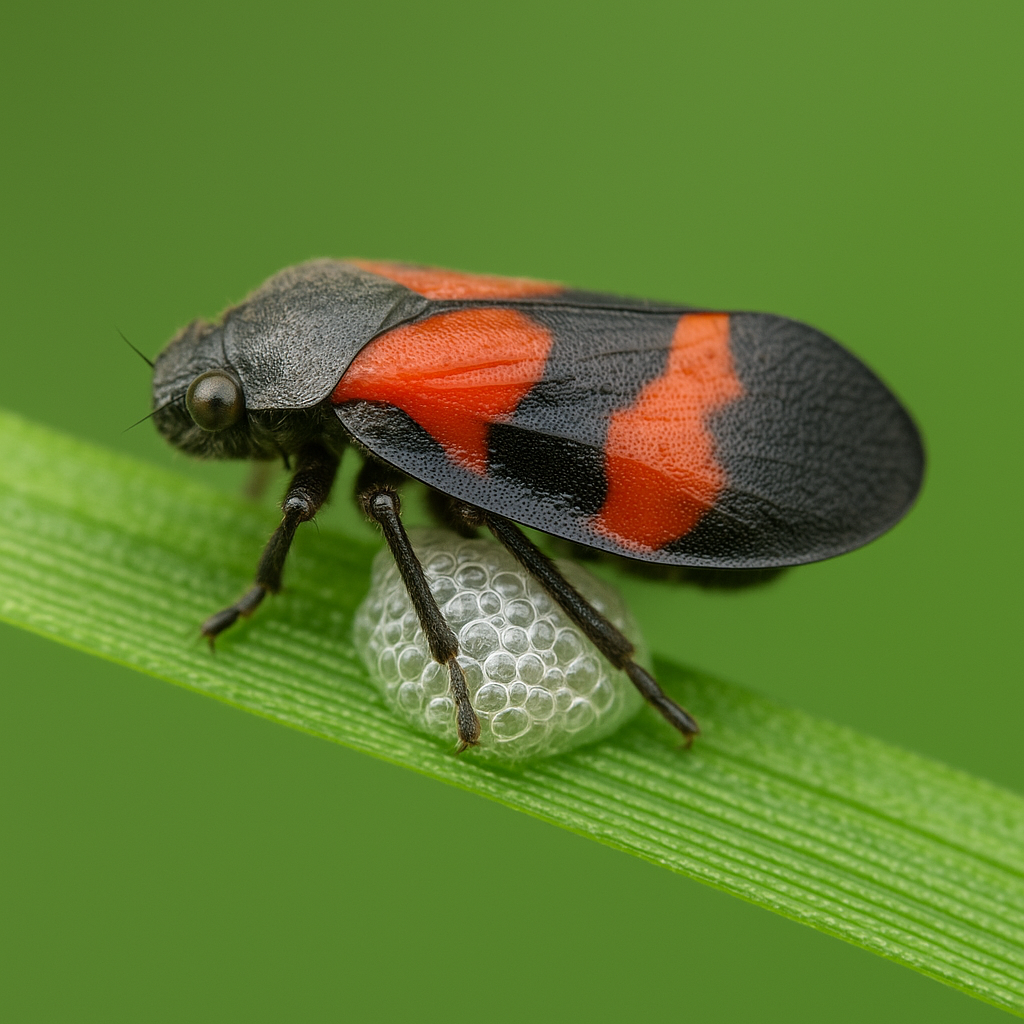Macro close-up of a spittlebug (froghopper) on a green blade of grass with foamy spittle beneath it.