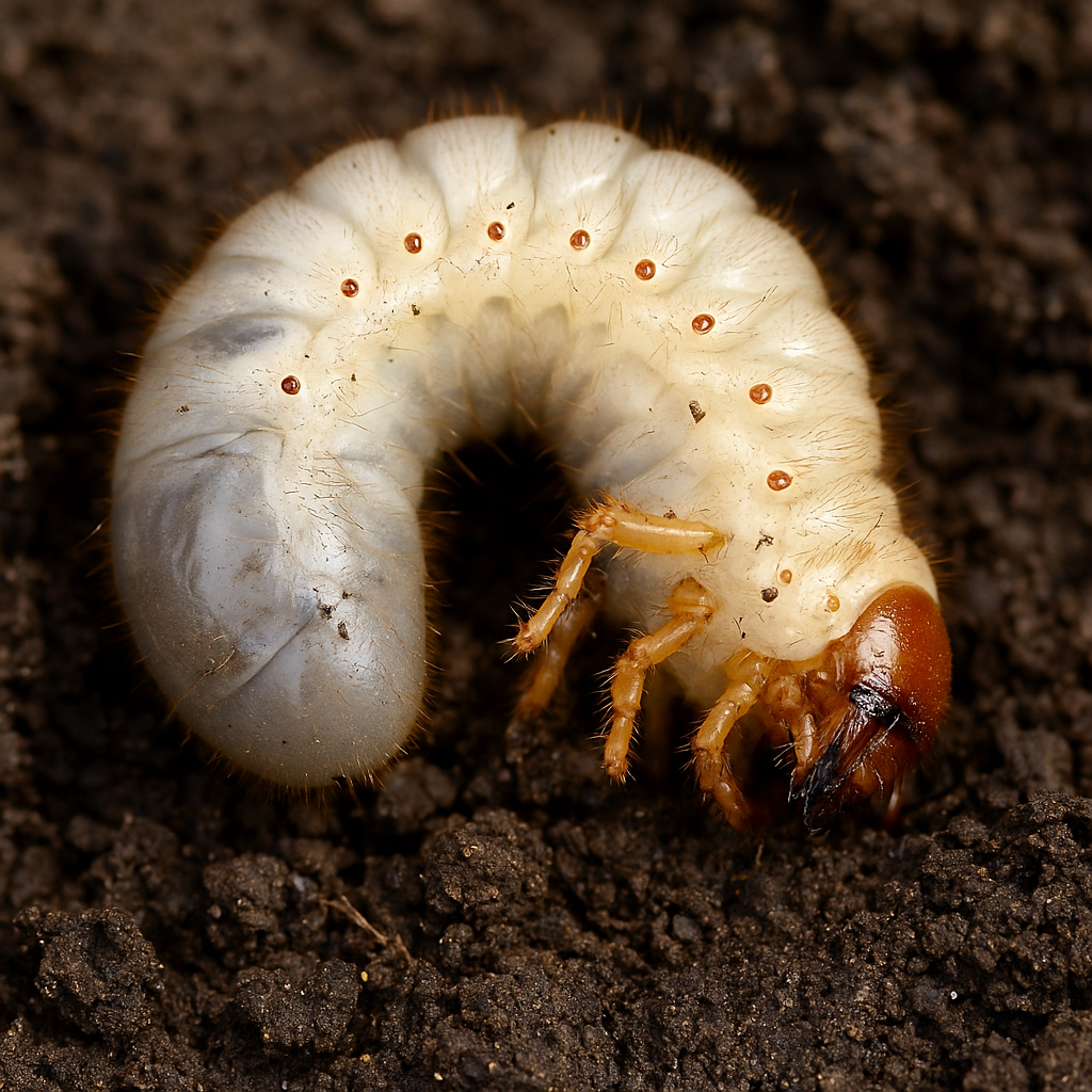 Close-up of a C-shaped white grub with a brown head, lying in dark moist soil, showing detailed body segments and legs.