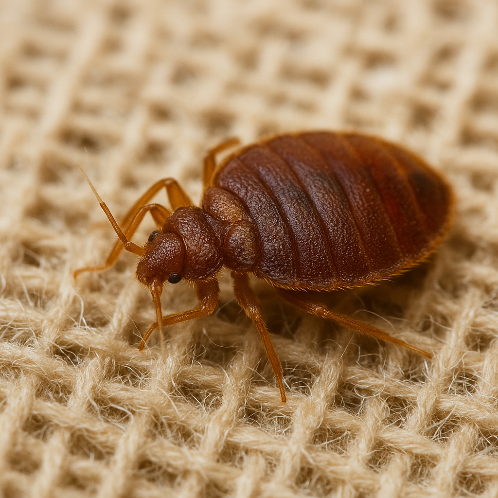 A bed bug is sitting on a piece of fabric.