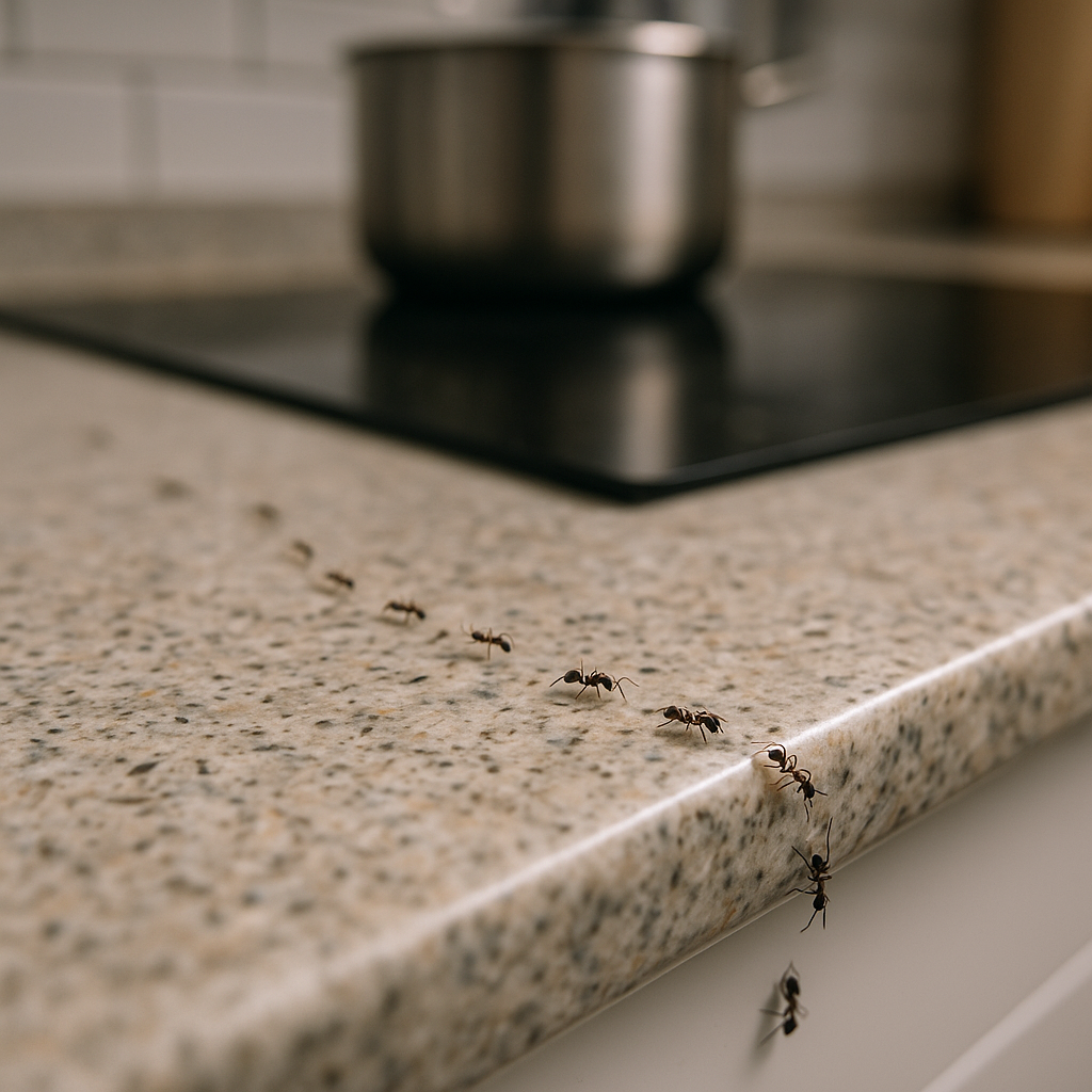 A group of ants are crawling on a kitchen counter in Addison, TX.