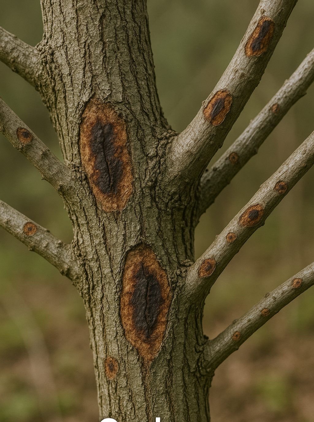 Close-up of tree trunk with canker lesions showing dark, sunken, oval-shaped patches