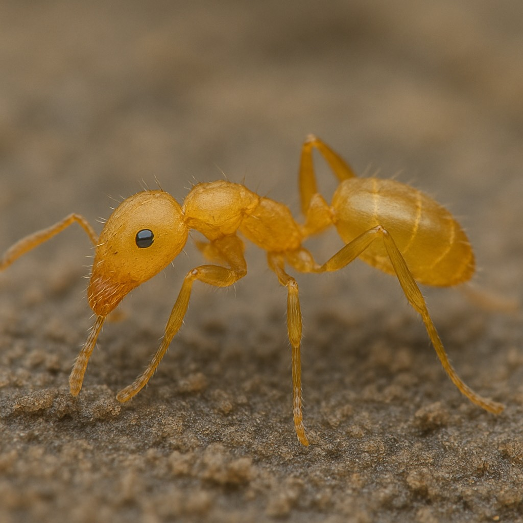 A macro image of a golden-yellow Pharaoh ant with black eyes and segmented body, crawling across a fine soil background.