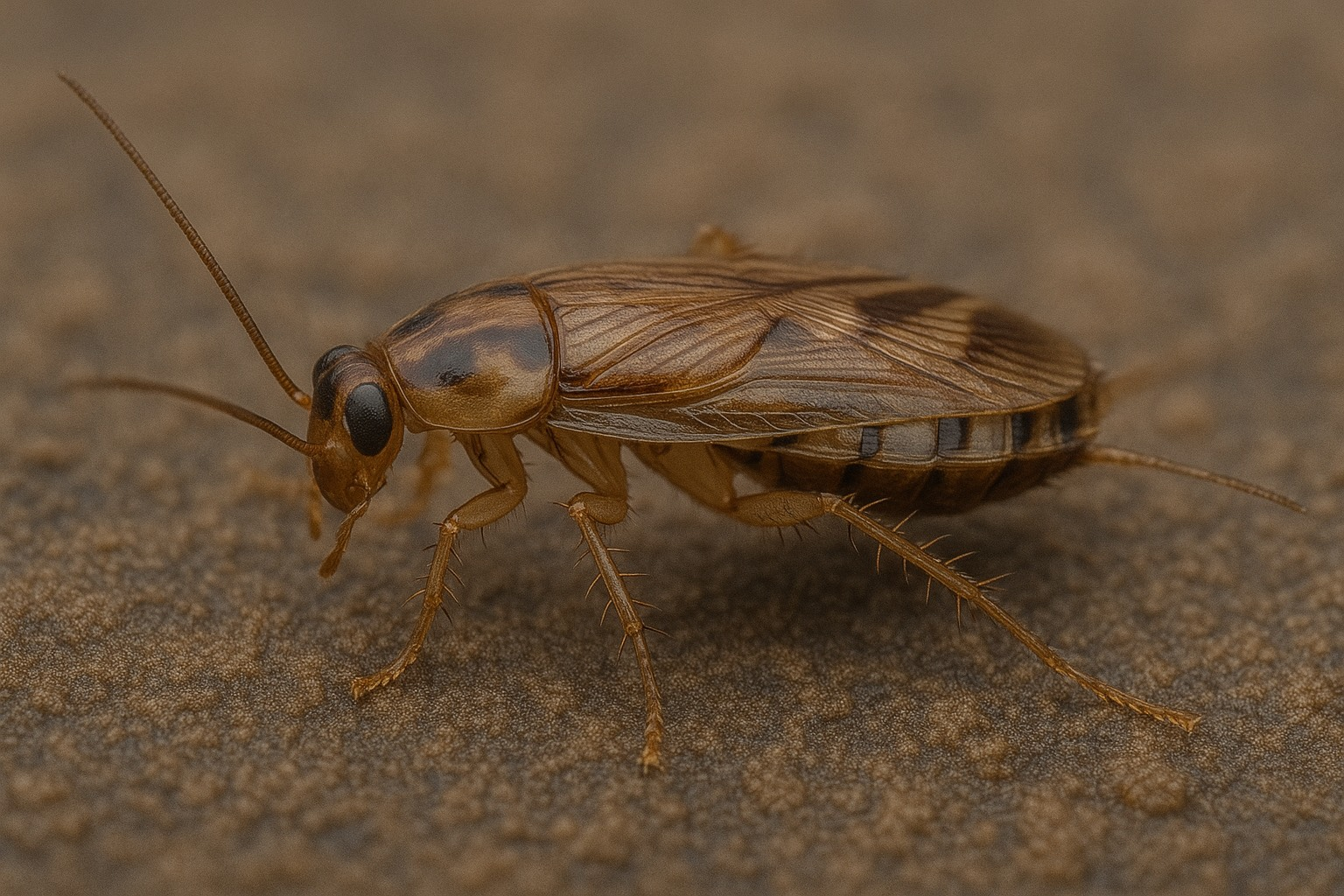 A close-up image of a German cockroach with a light brown, oval-shaped body and two dark parallel stripes behind its head, walking on a textured surface.