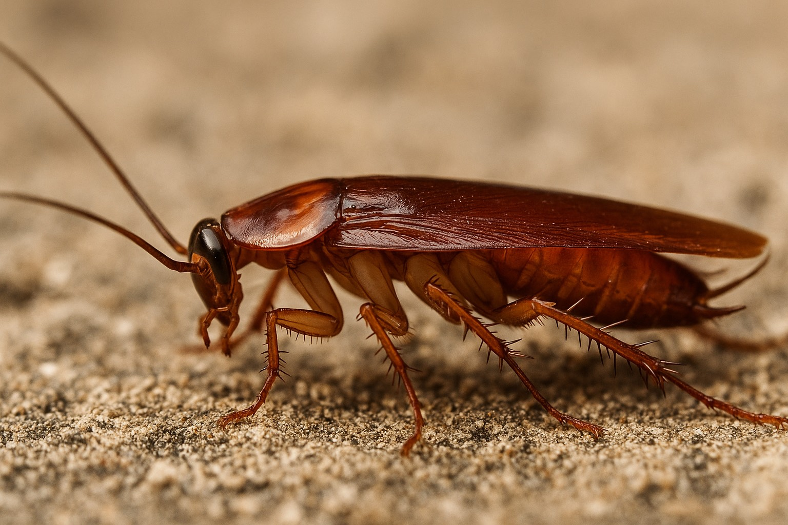 A detailed close-up of an American cockroach with a reddish-brown, glossy body and long antennae, crawling on a sandy surface.
