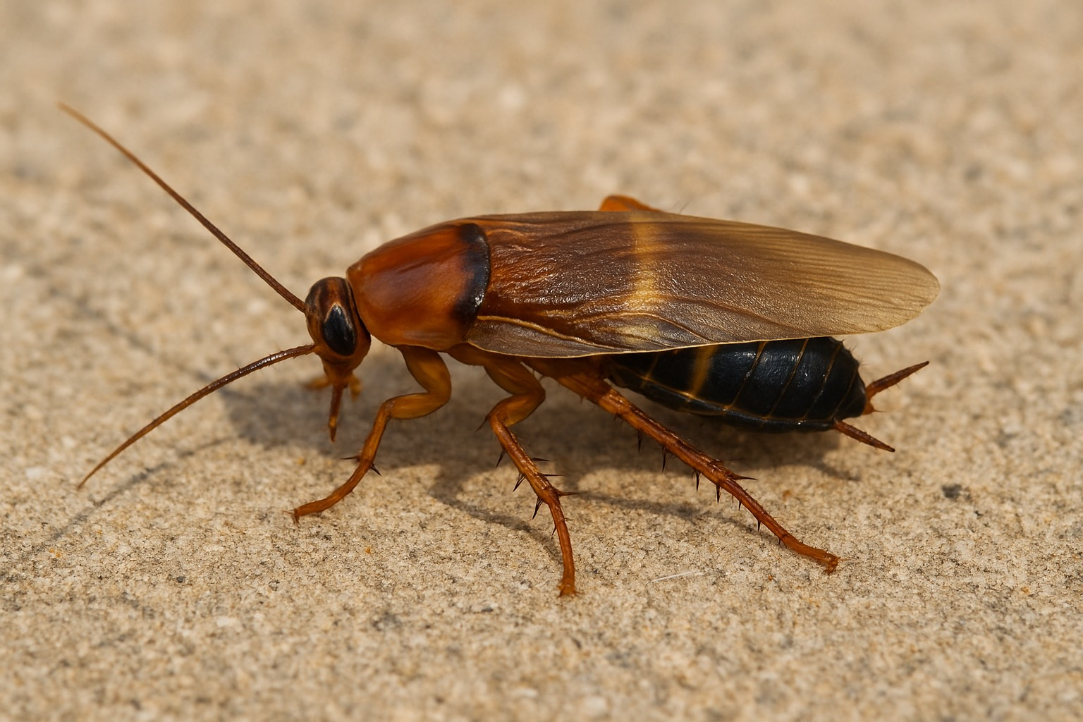 A macro image of a brown-banded cockroach with a reddish-brown head and dark abdomen marked by light bands, walking on a textured surface