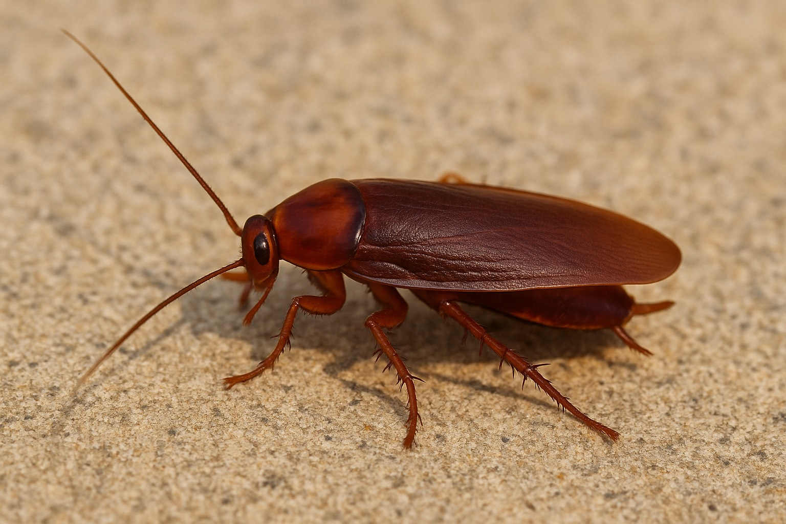 A high-resolution image of a smokybrown cockroach with a smooth, reddish-brown body and long antennae, walking across a sandy, textured surface.