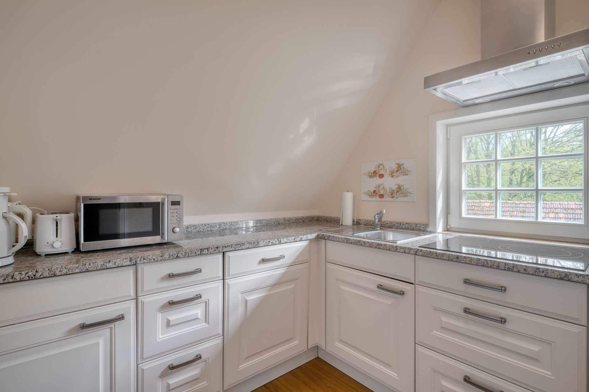 Eine Küche mit weißen Schränken, Granitarbeitsplatten, einer Mikrowelle und einem Fenster.