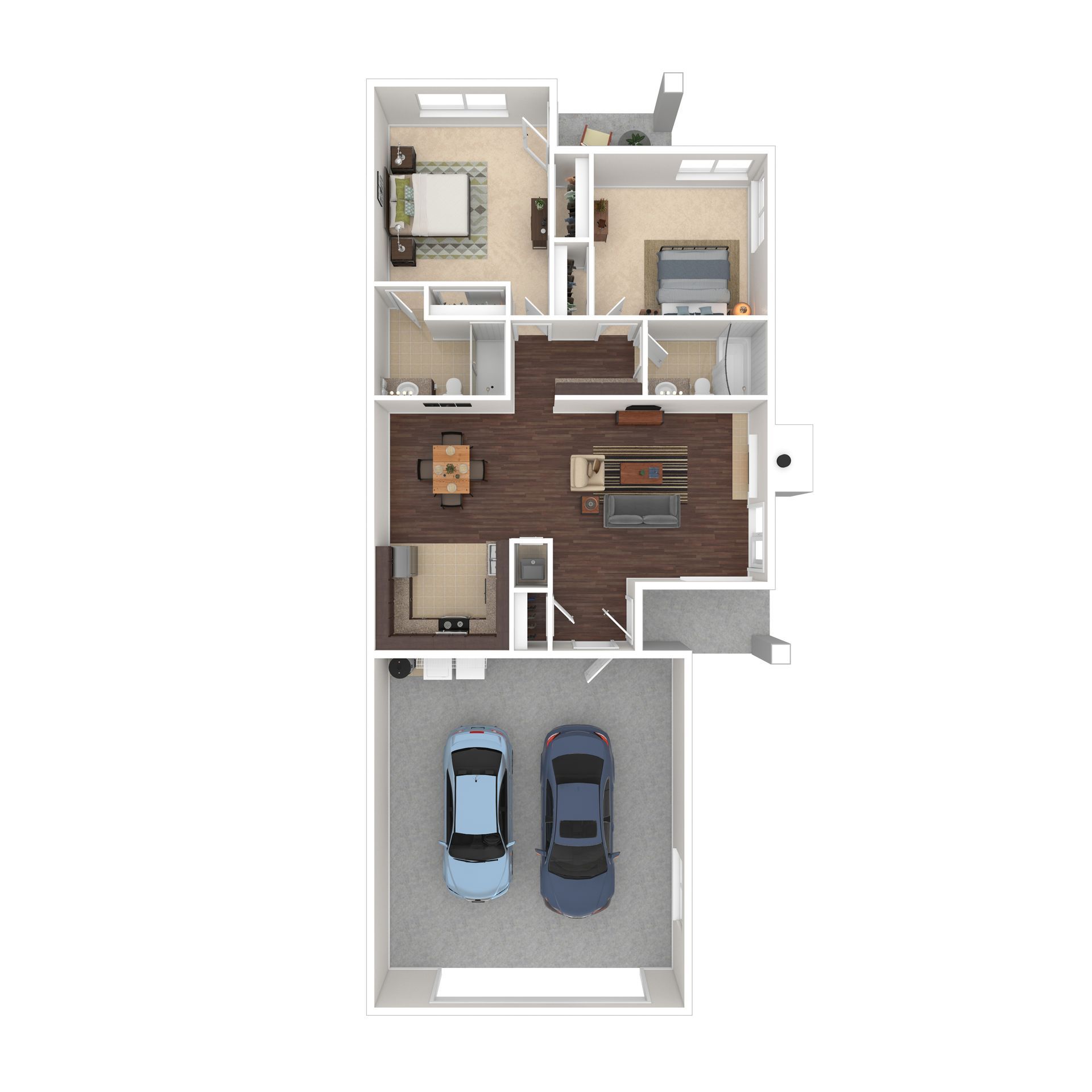 Floor plan of a home with two bedrooms, living area, and a two-car garage.