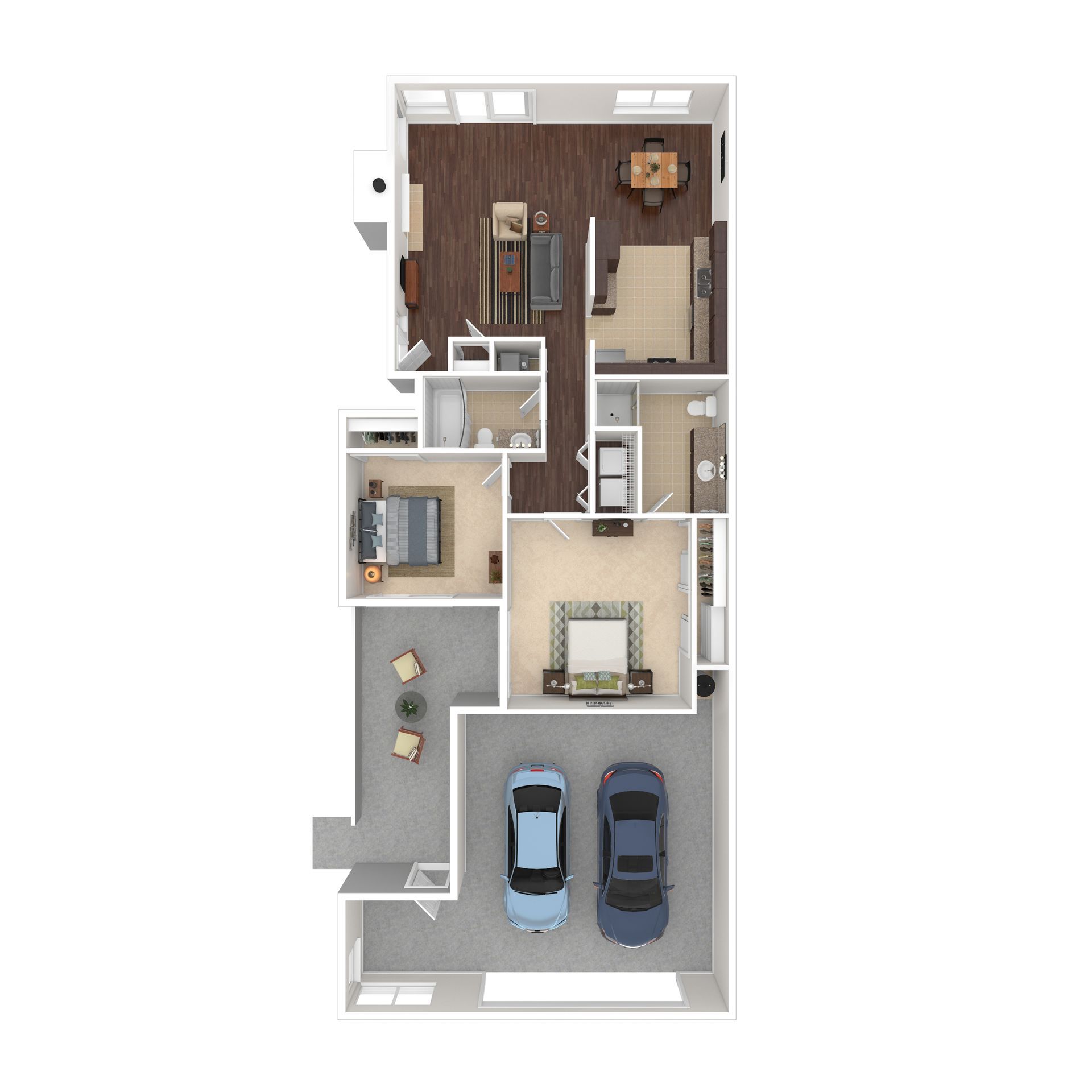 Floor plan of a house, featuring a garage, bedrooms, living area, kitchen, and dining space.