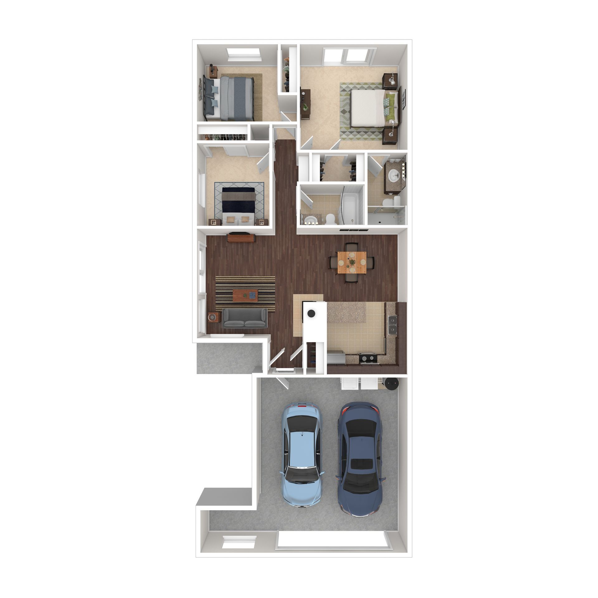 Floor plan of a two-bedroom apartment with a garage.