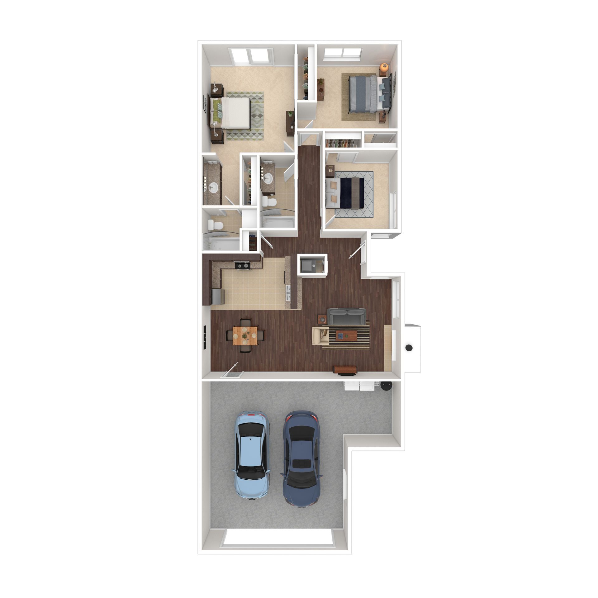Floor plan of a two-bedroom apartment with a garage.