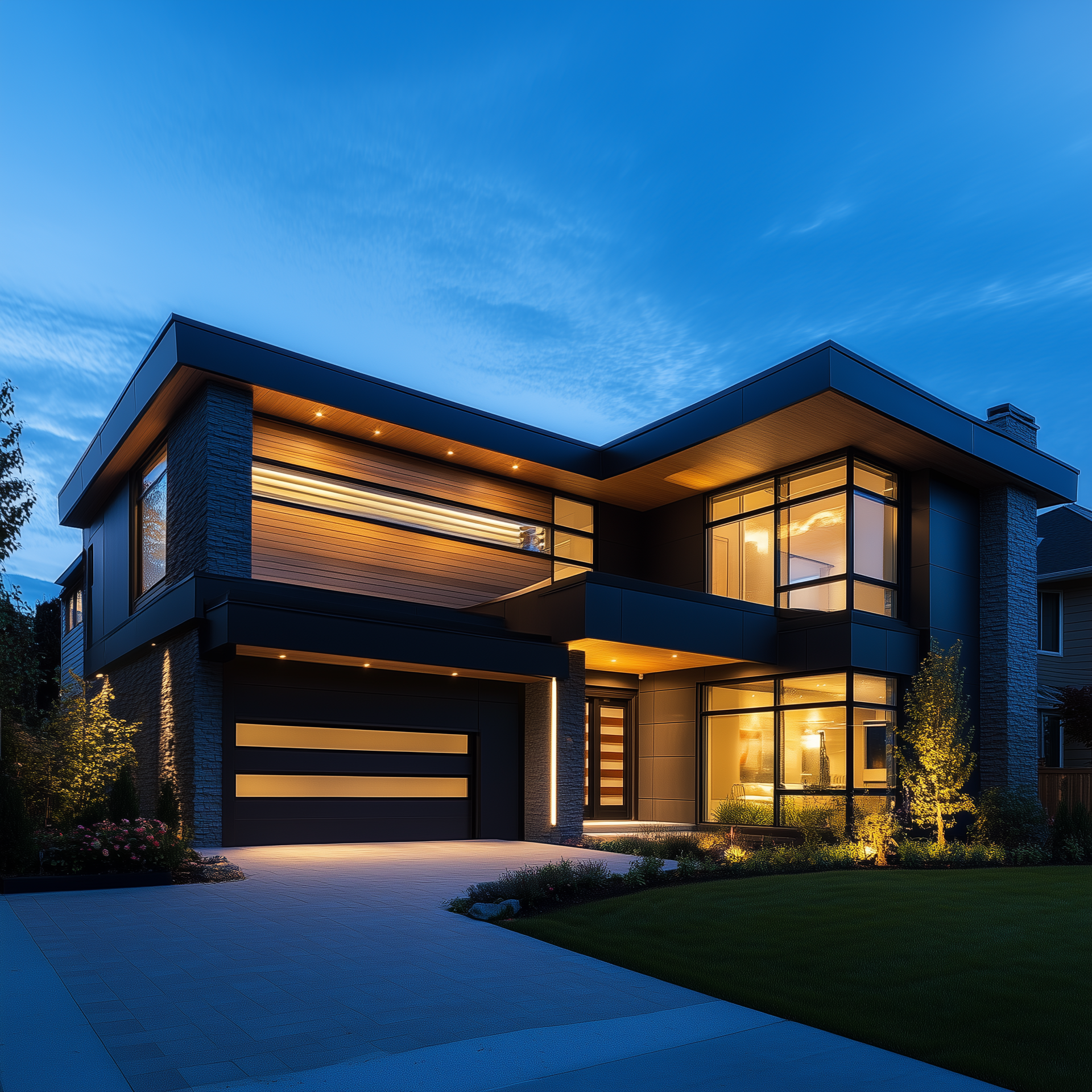 A large house with a lot of windows is lit up at night