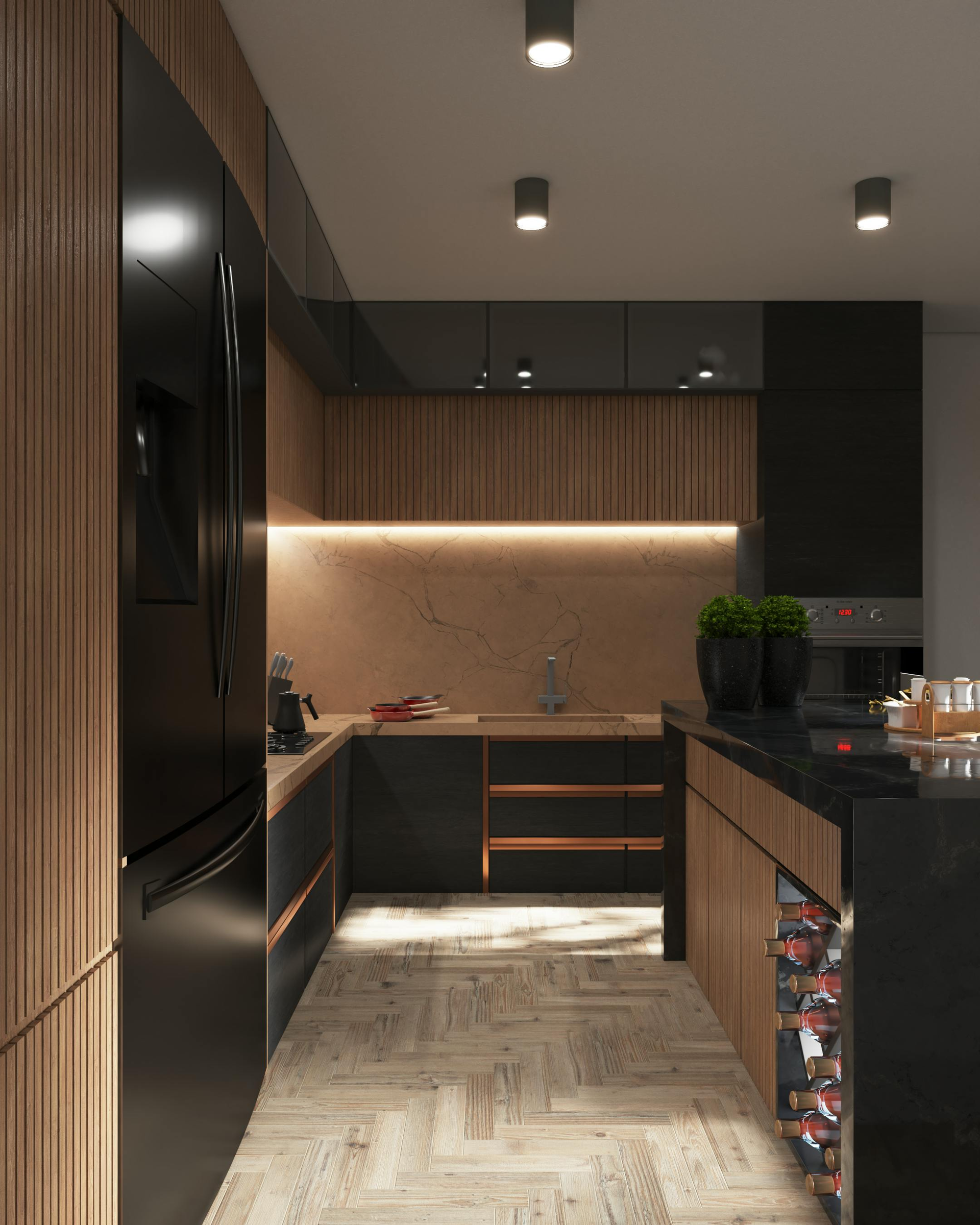 A modern kitchen featuring black appliances, wood-slat cabinetry, under-cabinet lighting, and a patterned light wood floor.