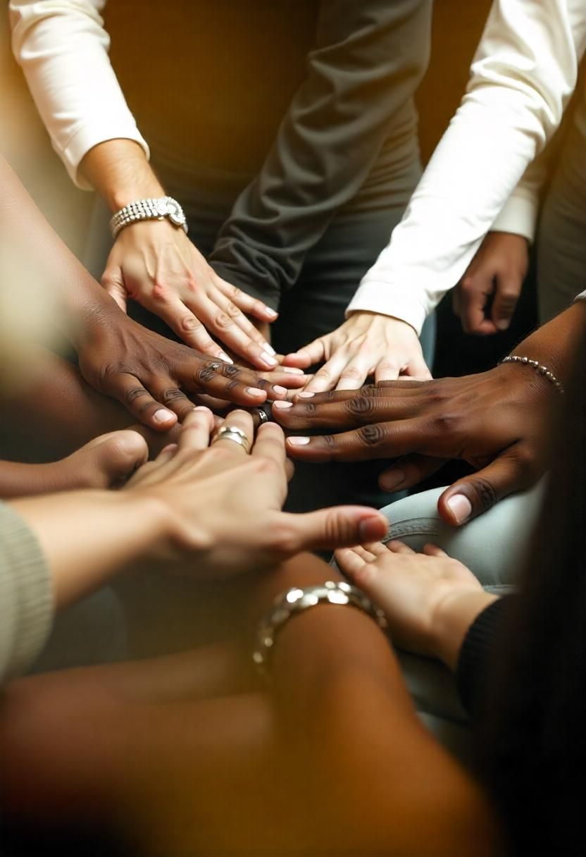 a group of people in a circle with their arms extended and their hands stacked on top of one another.