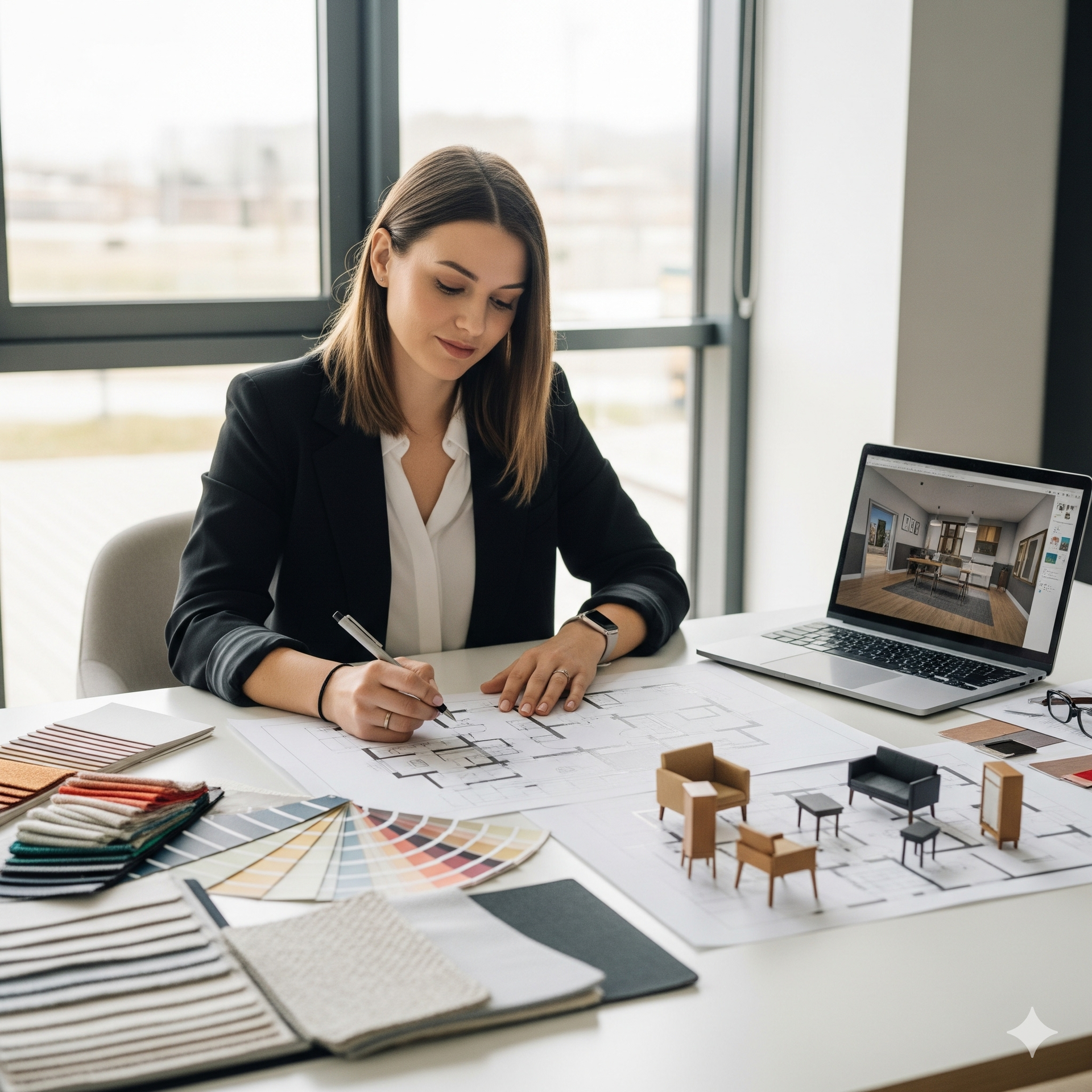 Woman in black blazer sketching blueprints at desk with laptop, color swatches, and furniture models.