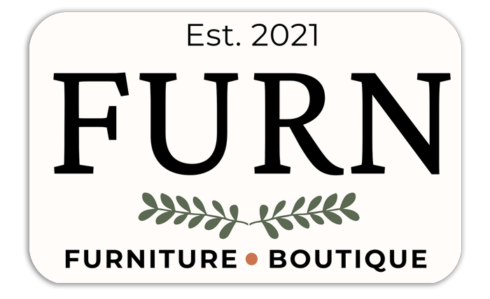 Logo for FURN furniture boutique, beige background, black text, olive branch design, established in 2021.