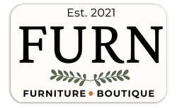 Logo for FURN furniture boutique, beige background, black text, olive branch design, established in 2021.