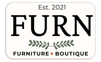Logo for FURN furniture boutique, beige background, black text, olive branch design, established in 2021.