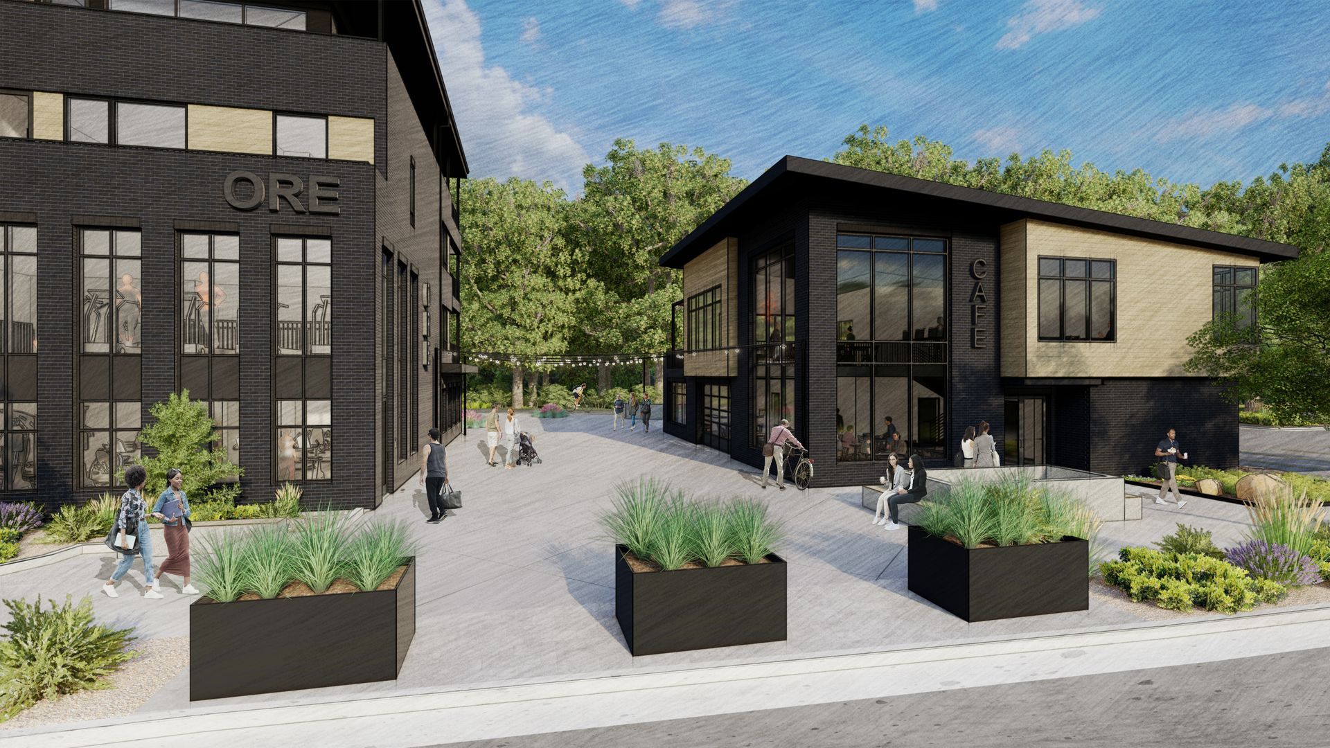 Buildings with dark exteriors, patio seating, and planters. People walk in the courtyard setting.