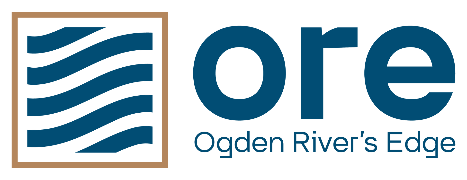 Logo for Ogden River's Edge: Blue waves in a box, "ore" in blue font, and text "Ogden River's Edge".