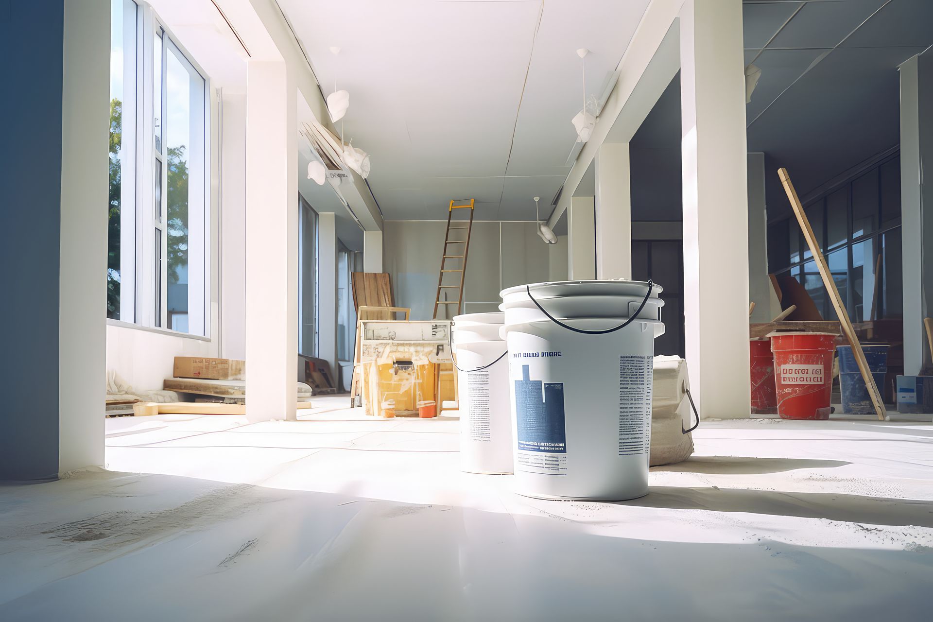 Buckets of paint are sitting on the floor of a building under construction.