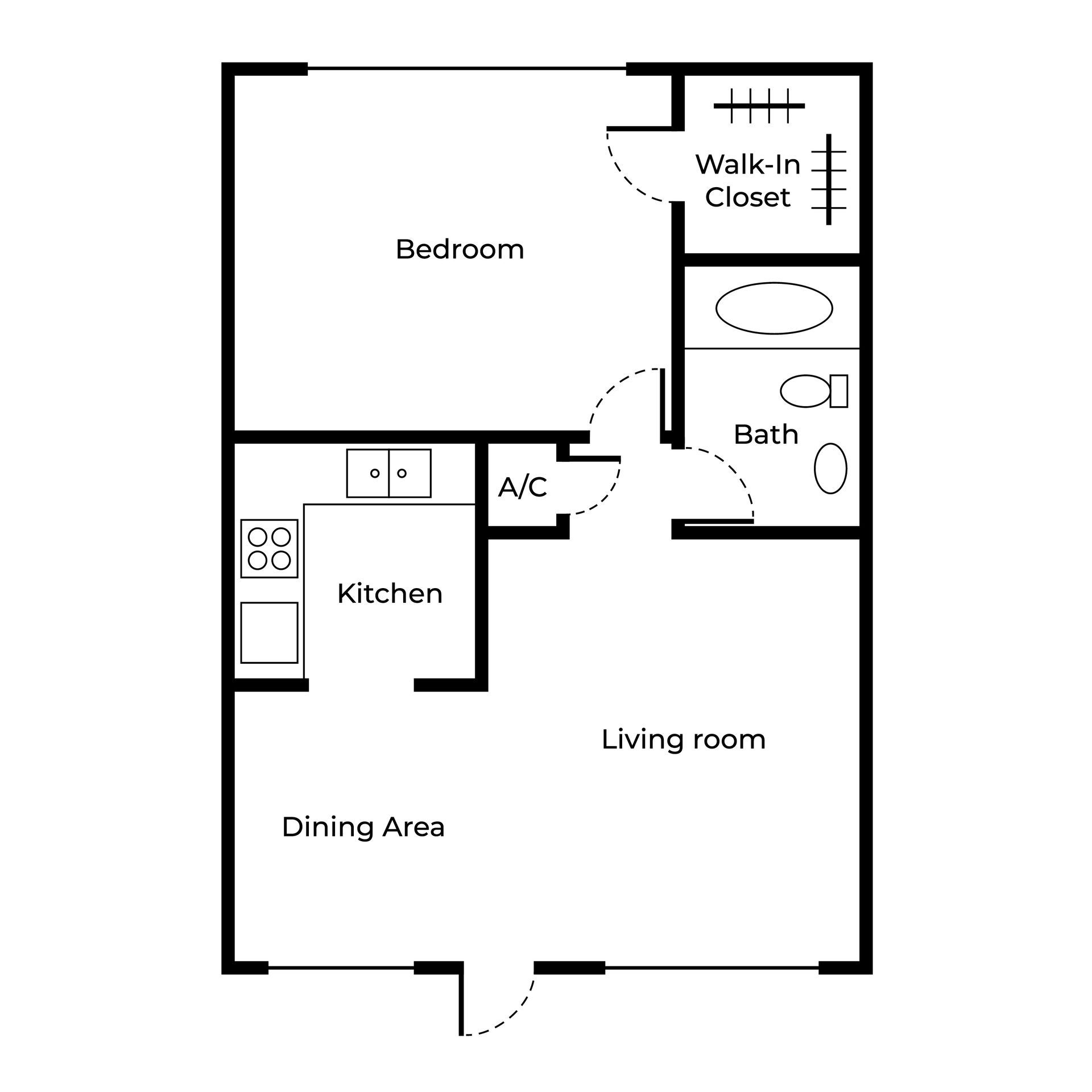A black and white floor plan of a bedroom , kitchen , dining area and living room.