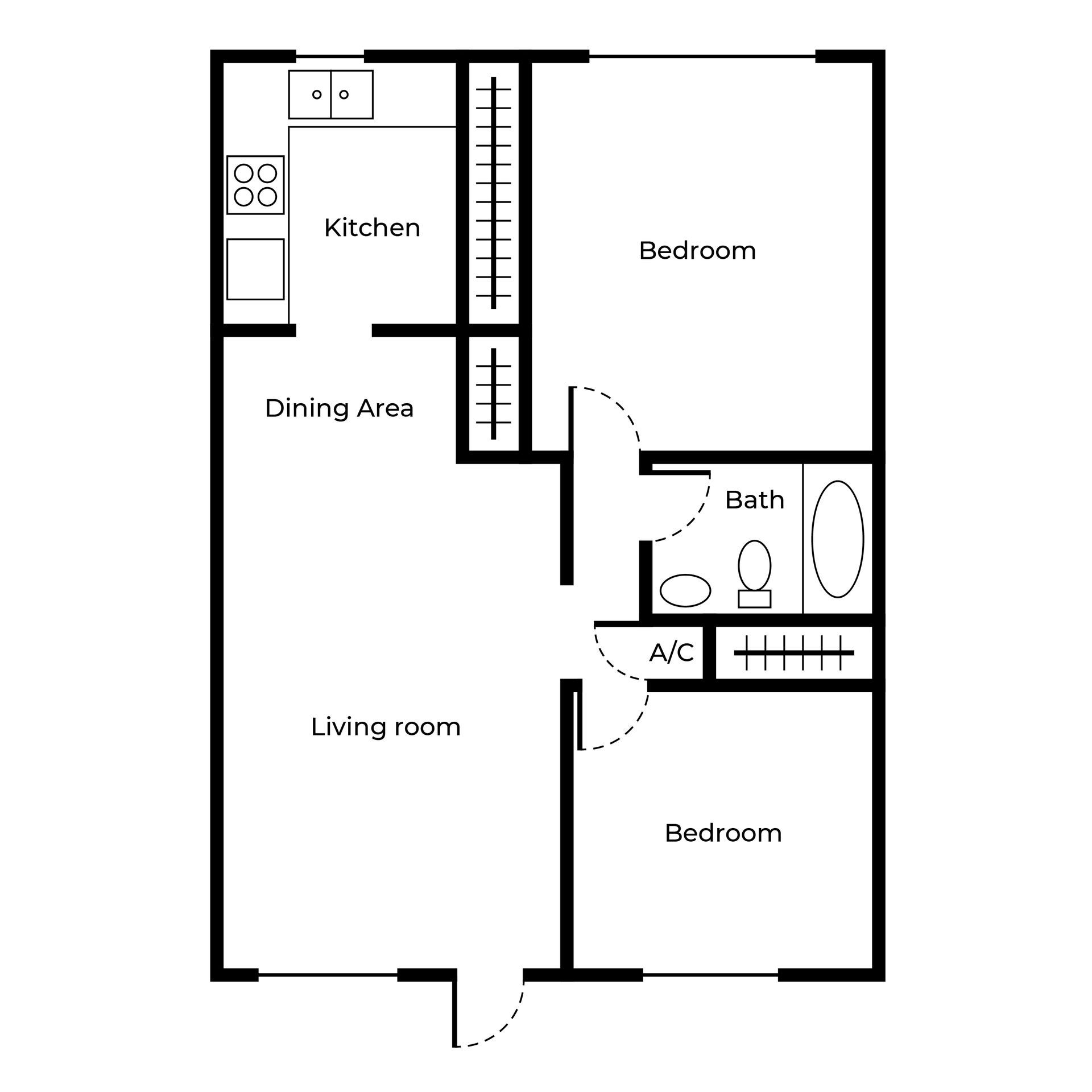A black and white floor plan of a two bedroom apartment.