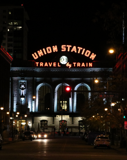 The union station is lit up at night