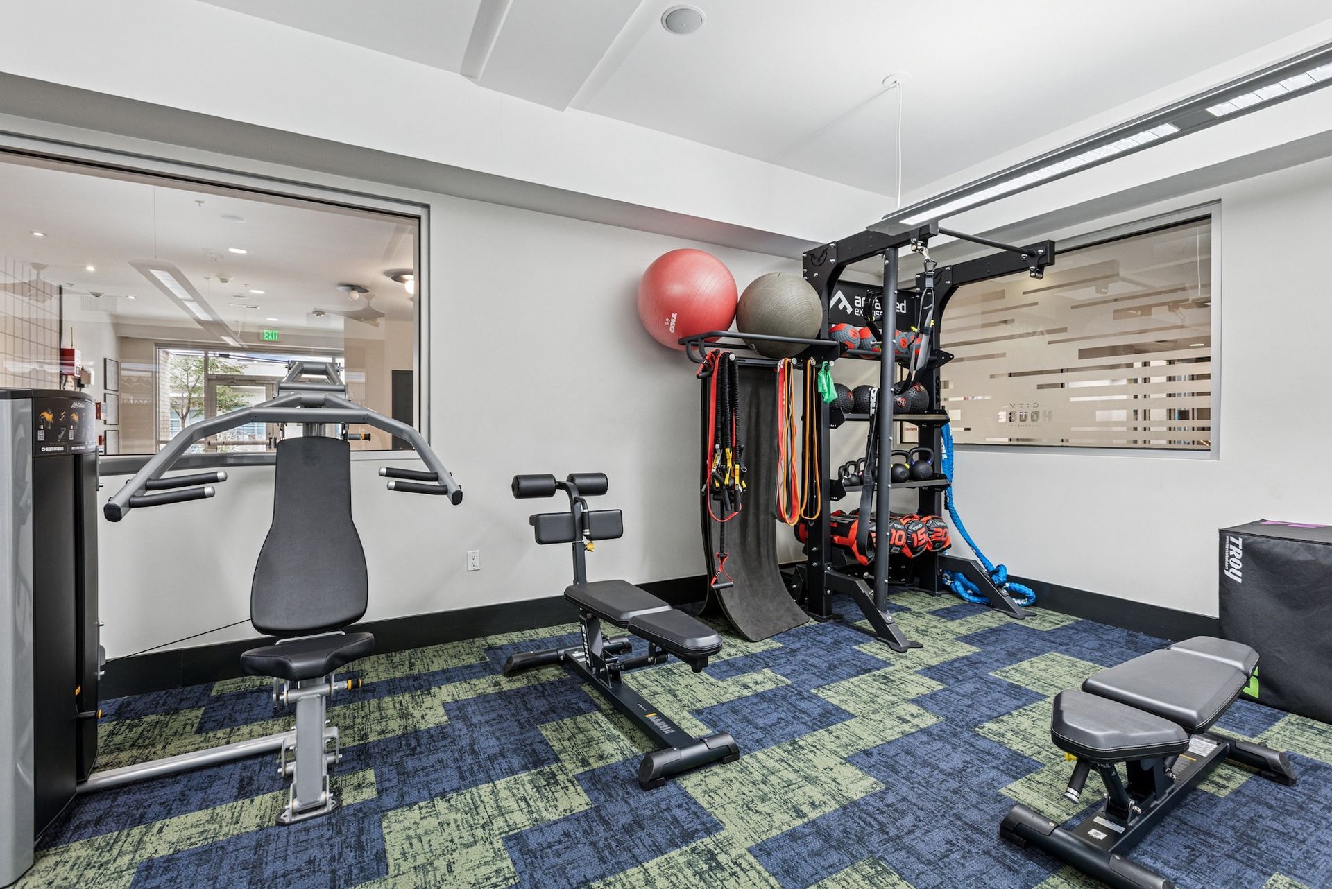 Home gym with exercise equipment: weight machine, bench, weights, medicine balls, and bands. Blue and green patterned carpet.