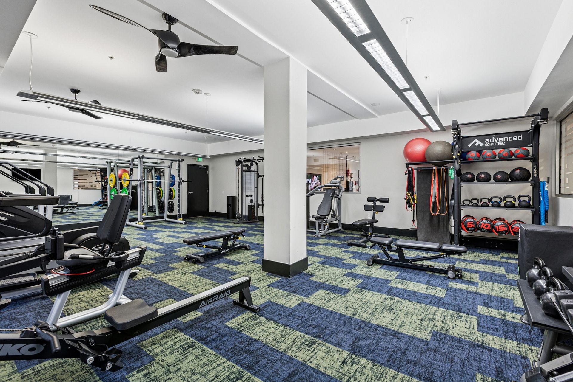 Gym with exercise equipment, weights, benches, and mats on a blue and green patterned floor.