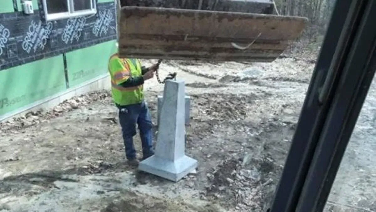 A construction worker is carrying a large piece of wood on his shoulders.