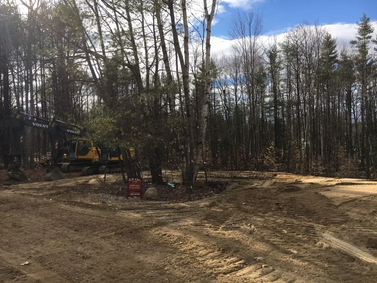 A construction vehicle is driving through a dirt field in the woods.