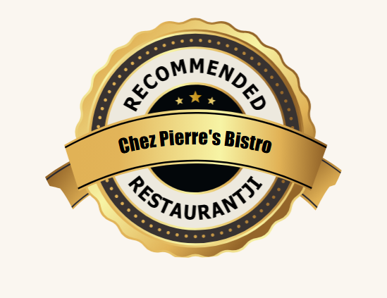 Gold seal recommends Chez Pierre's Bistro restaurant; black text on gold ribbon and circular background.