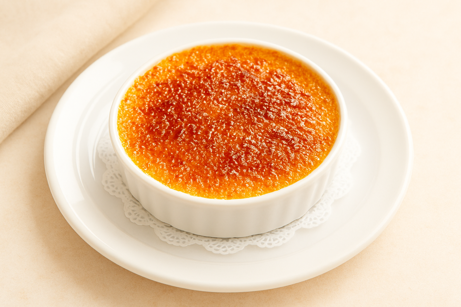 Crème Brûlée with silky vanilla custard topped with a crisp, caramelized sugar crust, served in a classic French ramekin