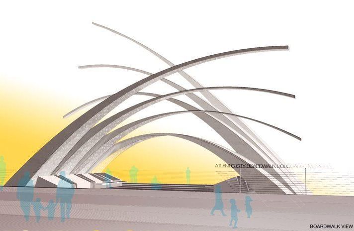 A drawing of a building with a sunset in the background