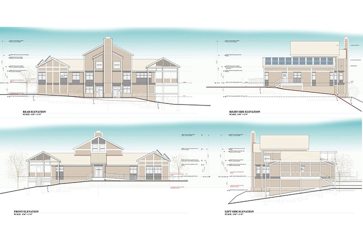 A drawing of a building with a blue sky in the background