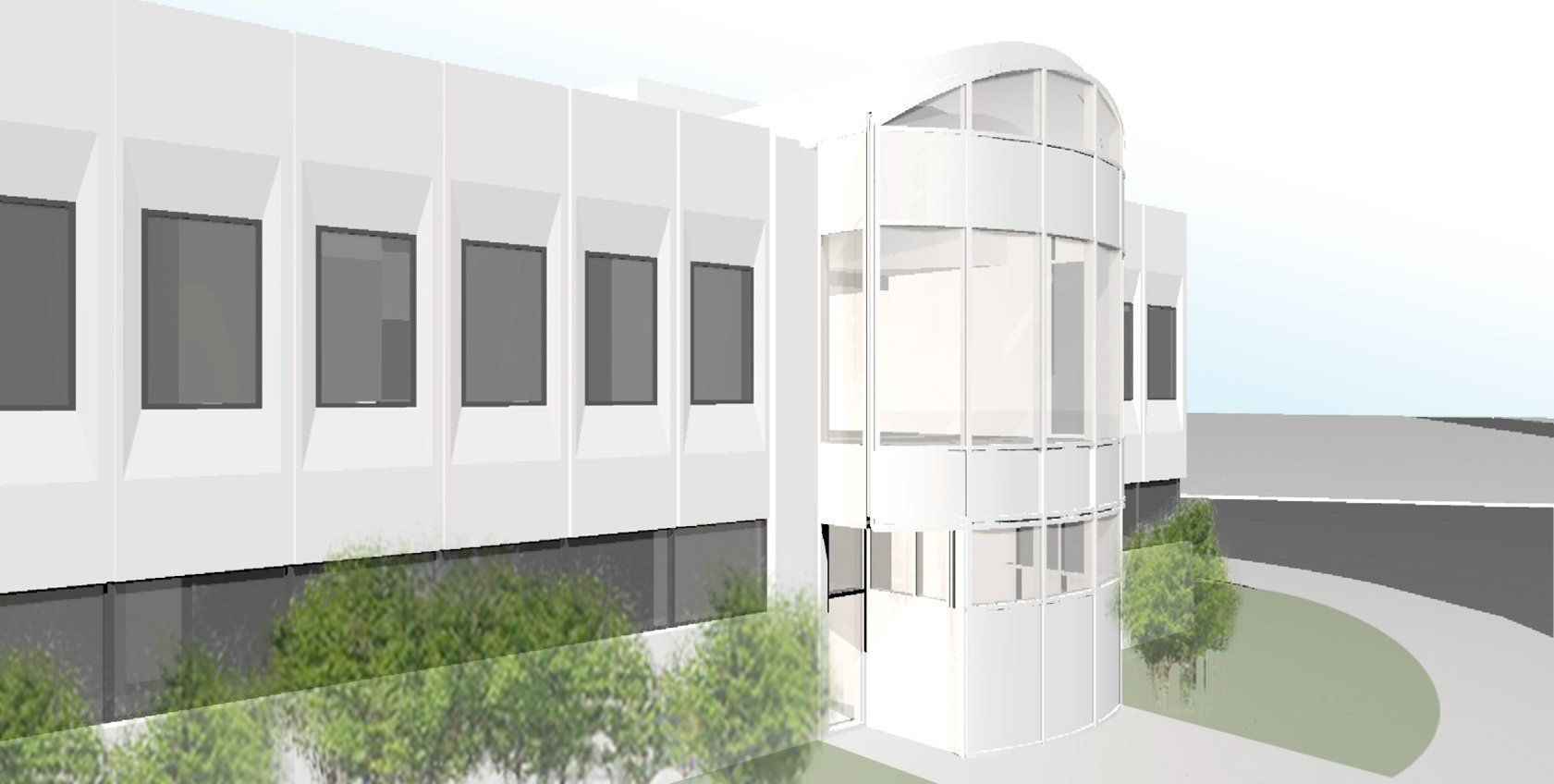 An artist 's impression of a white building with trees in front of it.