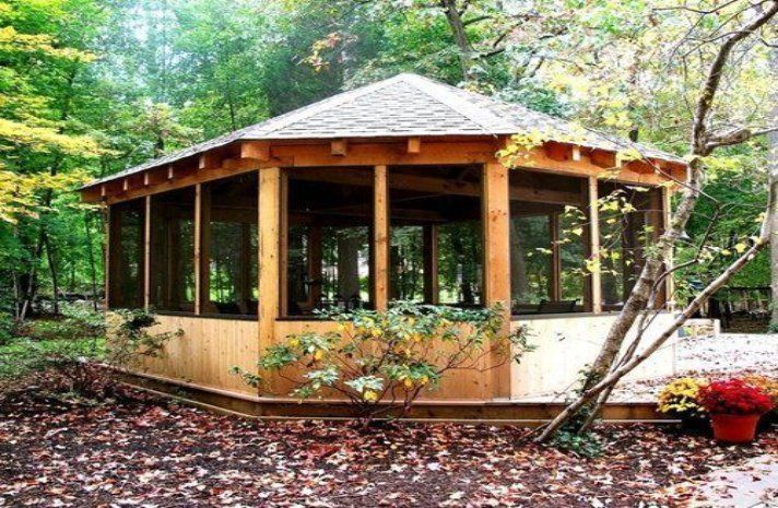 A screened in gazebo in the middle of a forest