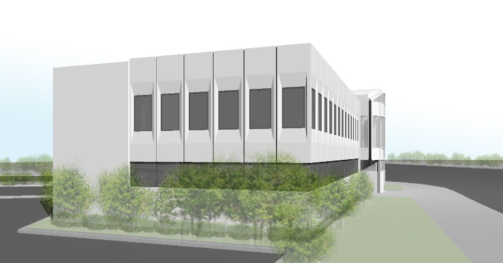 An artist 's impression of a large white building with a lot of windows.