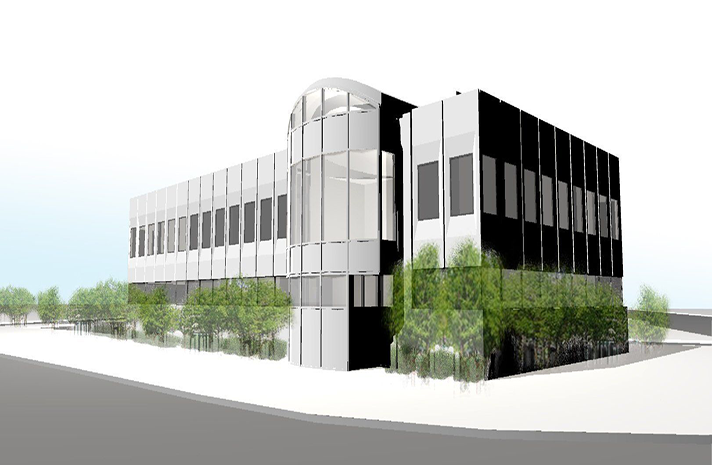 An artist 's impression of a large building with trees in front of it.