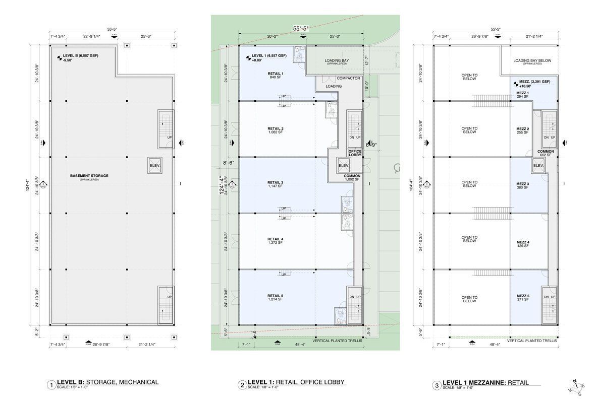 Three floor plans of a building with measurements on them