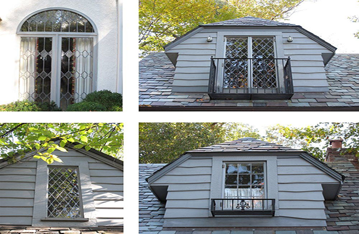 Four pictures of a house with a balcony on the roof