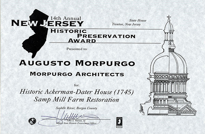 A certificate for the 14th annual new jersey historic preservation award